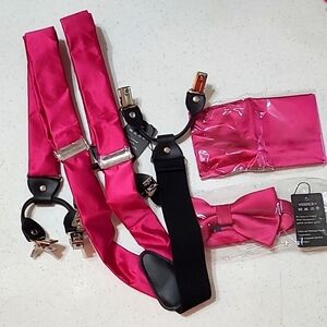 NWOT Hisdern Hot Pink suspenders, bowtie & pocket square set